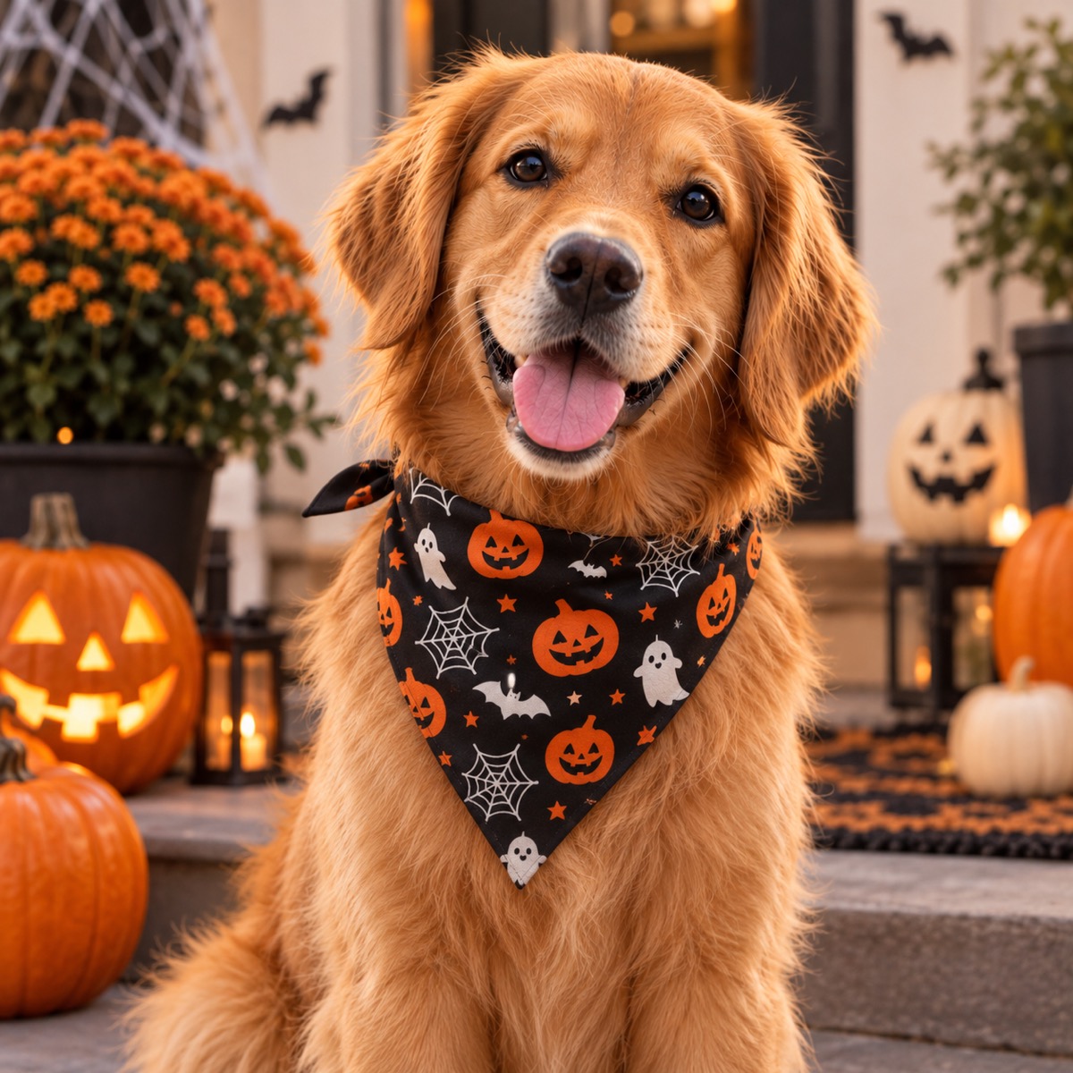 Golden Retriever mit Halloween-Halstuch sitzt vor einer mit Kürbissen geschmückten Haustür