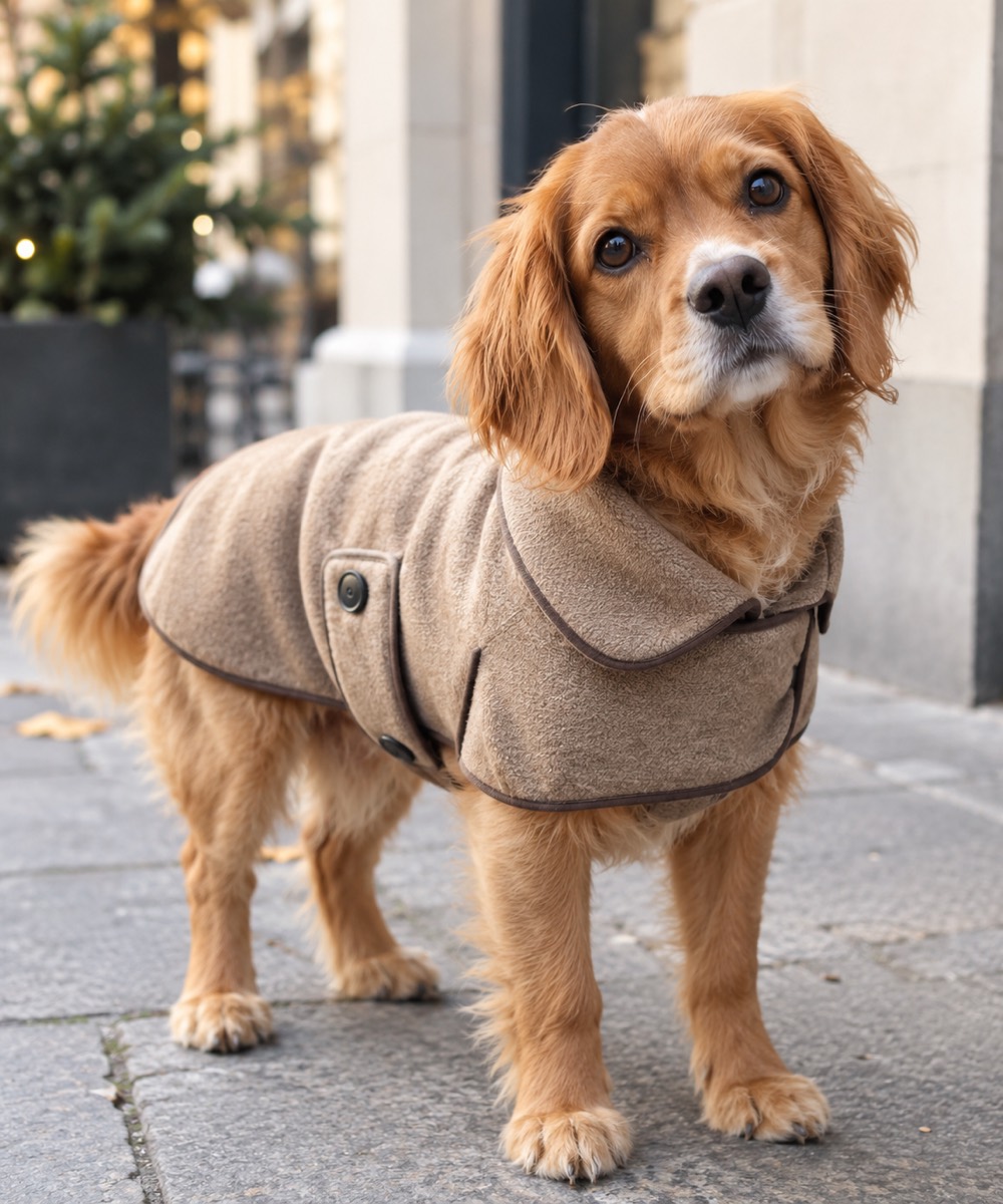 Hund mit beigem Wintermantel steht auf einem Gehweg