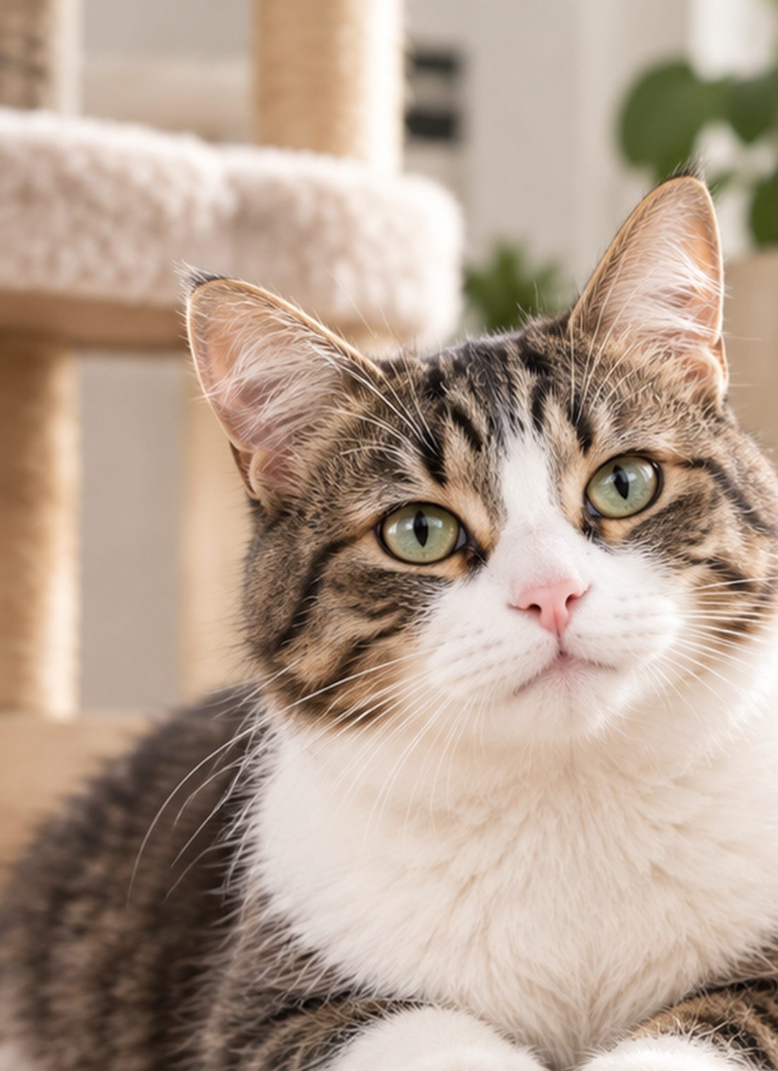 Getigerte Katze liegt entspannt vor einem Kratzbaum