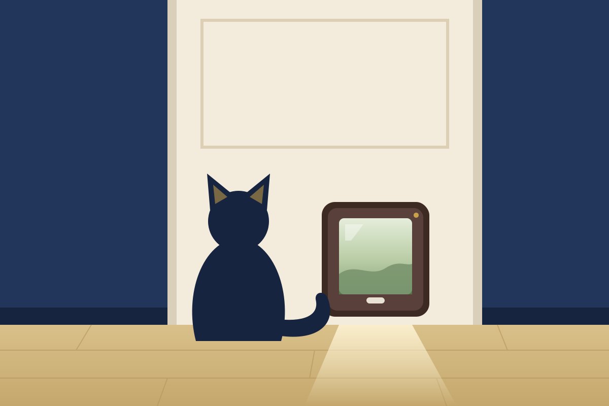 Illustration: Eine Katze sitzt vor einer Tür mit Katzenklappe und schaut in den Garten