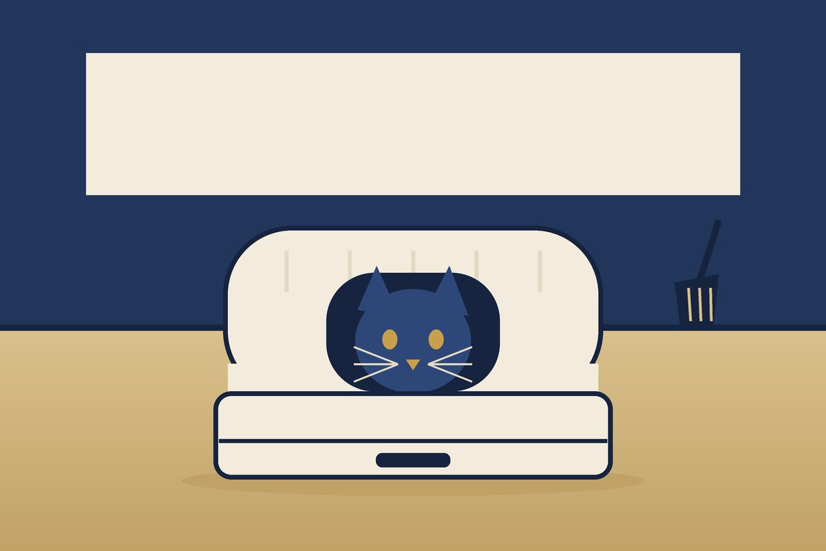 Illustration: Eine Katze schaut aus dem Eingang einer Katzentoilette mit Haube