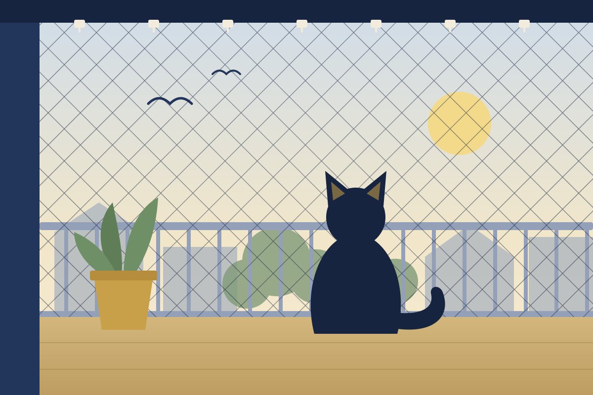 Illustration: Eine Katze sitzt auf einem Balkon hinter einem Katzennetz und beobachtet Vögel