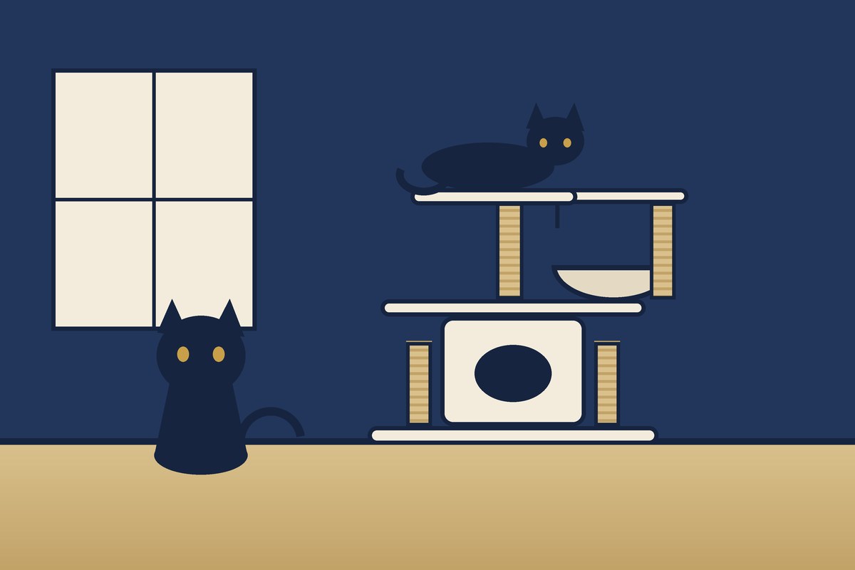 Illustration: Eine Katze liegt oben auf einem Kratzbaum, eine zweite sitzt davor