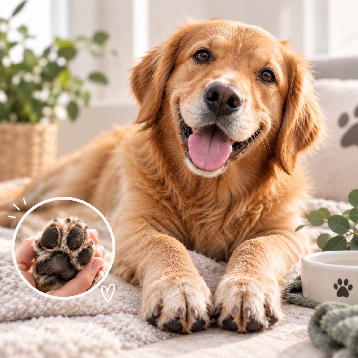 Golden Retriever liegt entspannt auf einer Decke, im Kreis eine Nahaufnahme seiner Pfotenballen in einer Hand
