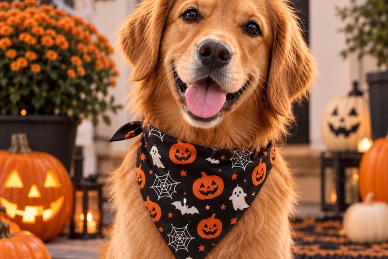 Golden Retriever mit Halloween-Halstuch sitzt vor einer mit Kürbissen geschmückten Haustür