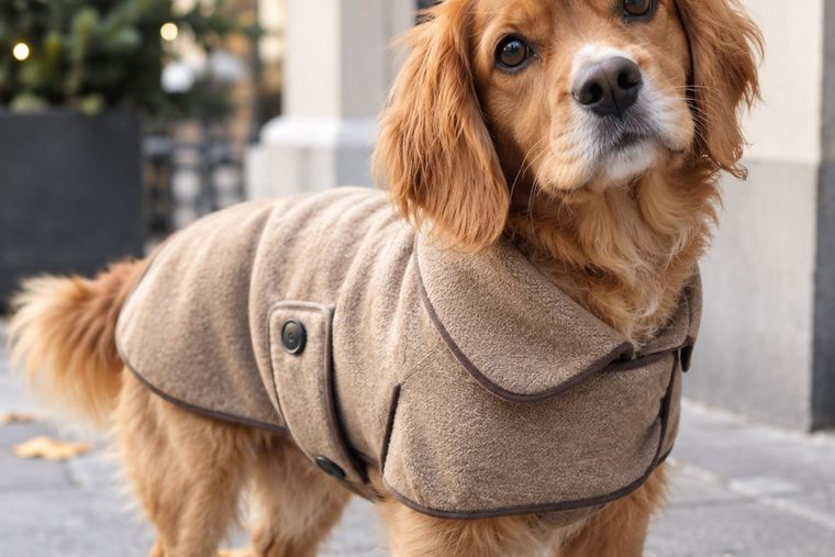 Hund mit beigem Wintermantel steht auf einem Gehweg