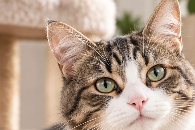 Getigerte Katze liegt entspannt vor einem Kratzbaum