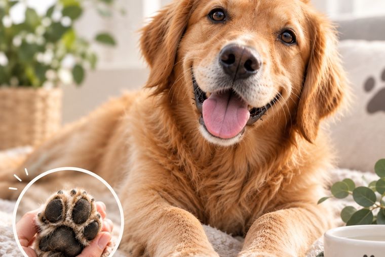 Golden Retriever liegt entspannt auf einer Decke, im Kreis eine Nahaufnahme seiner Pfotenballen in einer Hand